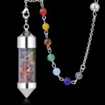 Crystal pendulum with chakra beads.  Silver metal pendulum with colorful mixed stones, chakra gemstone necklace.
