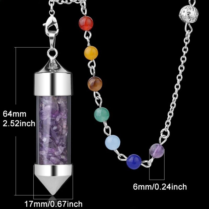 Amethyst pendulum with chakra beads, silver chain.  Dimensions included.