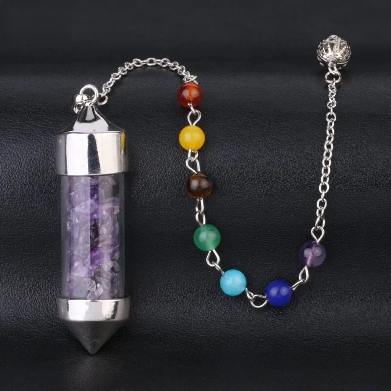 Purple crystal pendulum with 7 chakra beads on chain.