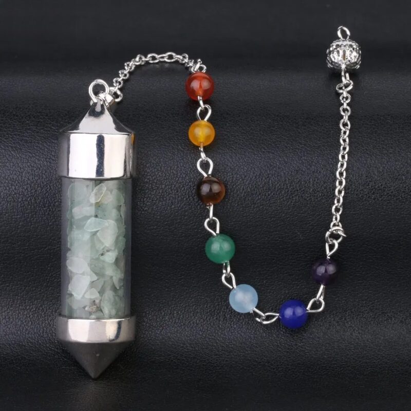 Crystal pendulum with small stones, chakra beads, silver chain.