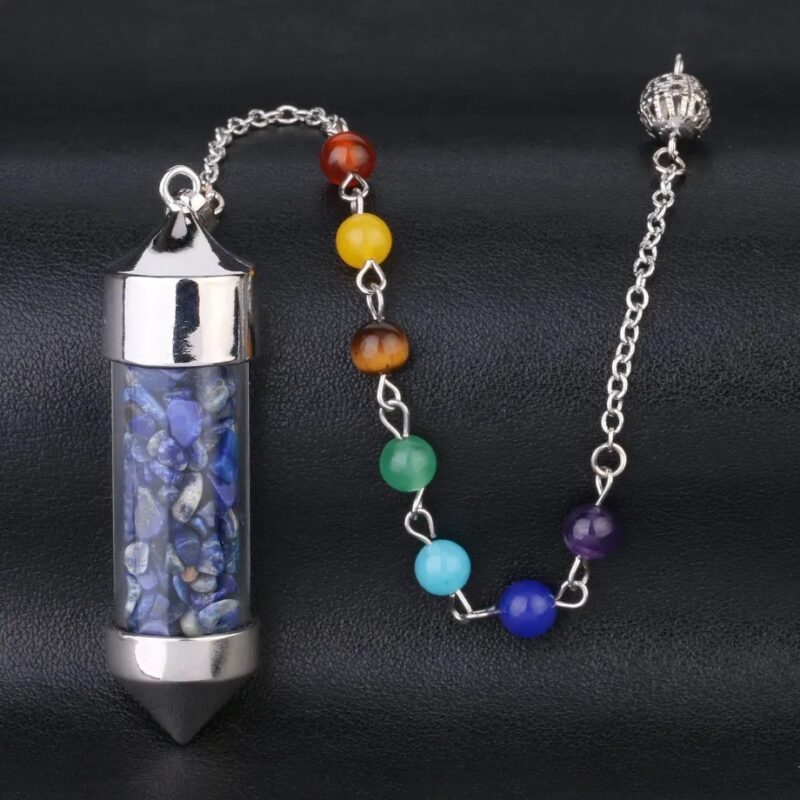 Silver pendulum with lapis lazuli chips,  rainbow gemstone beads on chain.