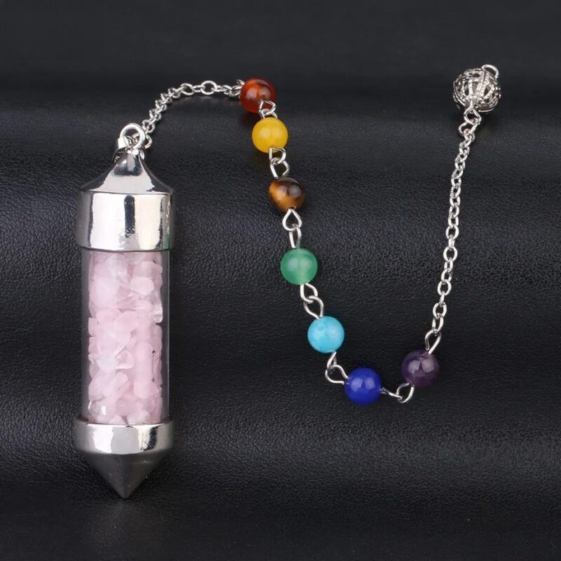 Crystal pendulum with rose quartz, seven chakra stones, and metal chain.