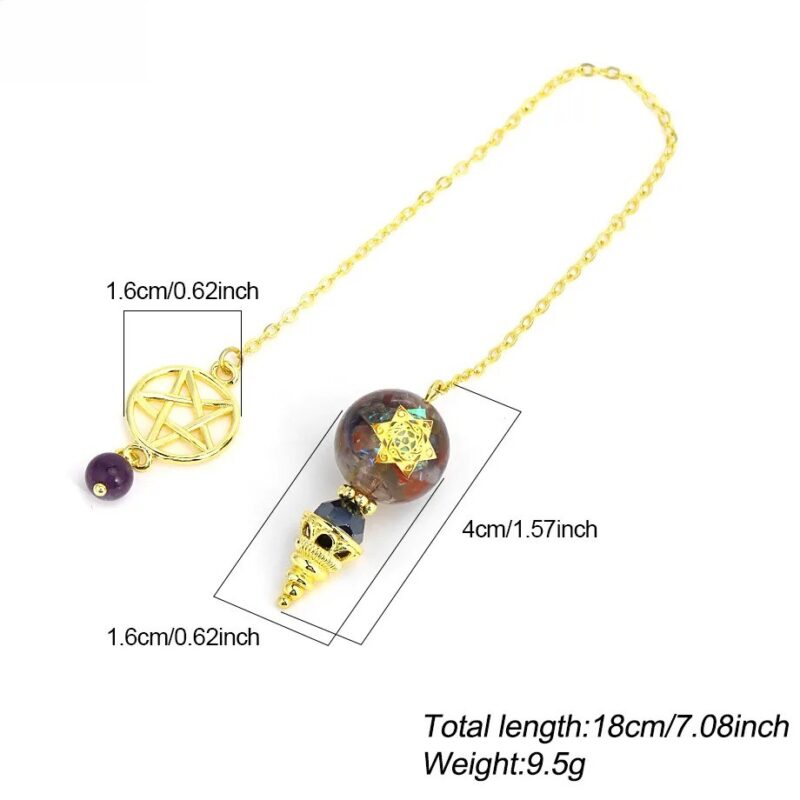 Gold-chained pendulum with gemstone sphere and star design.