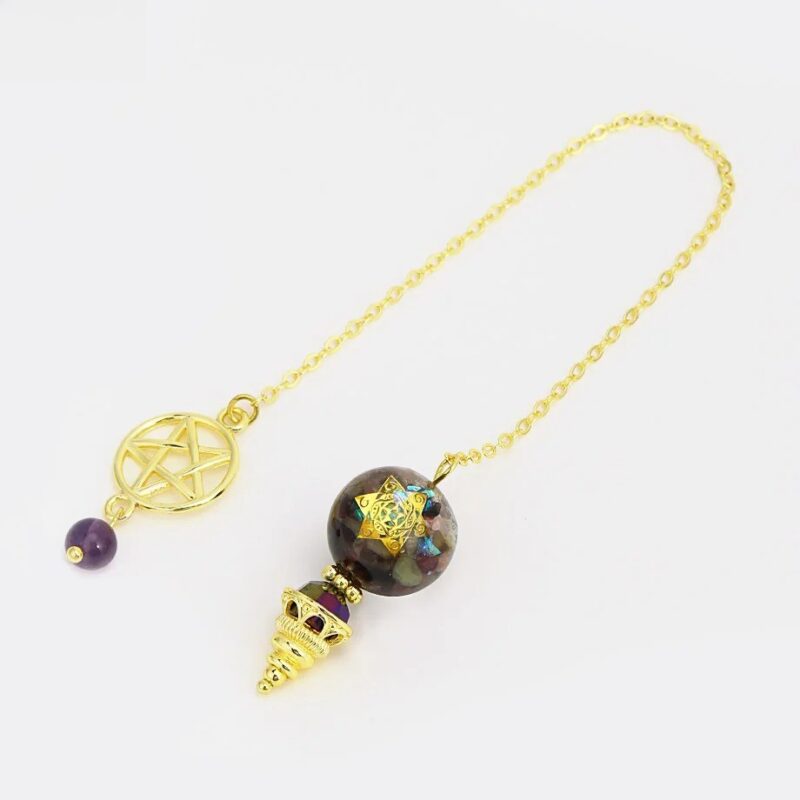 Gold-chained pendulum with star-shaped gemstone.