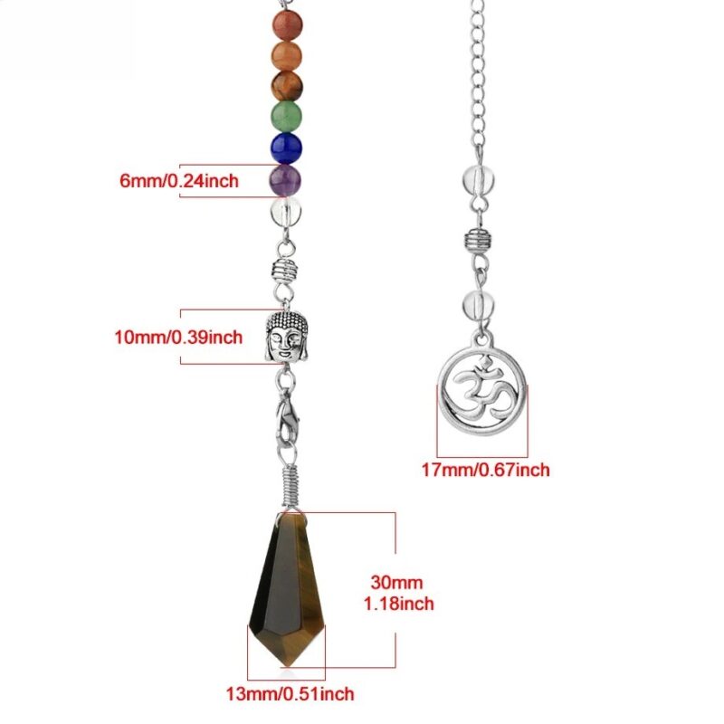 7 chakra beaded necklace with a tiger's eye pendulum, Buddha head, and ohm symbol pendant.  Measurements included.