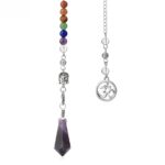 Colorful chakra beads, Buddha head, Om symbol, amethyst pendulum.