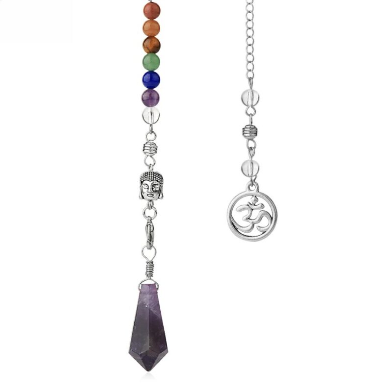 Colorful chakra beads, Buddha head, Om symbol, amethyst pendulum.