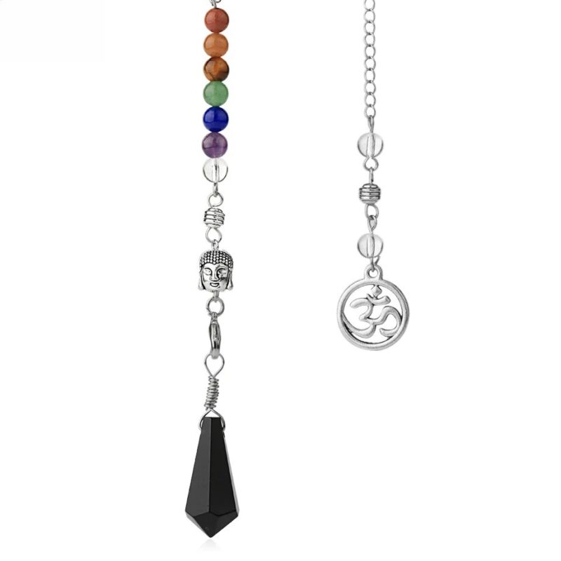 Multicolored chakra beaded chain with Buddha head and om symbol pendant.  Black crystal pendulum.