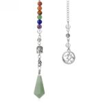 Seven chakra gemstone pendulum with Buddha head and om symbol.  Green quartz point.