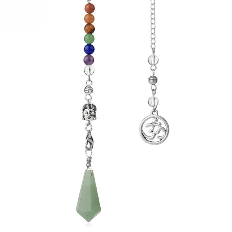 Seven chakra gemstone pendulum with Buddha head and om symbol.  Green quartz point.