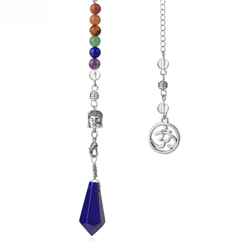 Multi-colored gemstone and metal pendulum with lapis lazuli point, Buddha head, and om symbol.