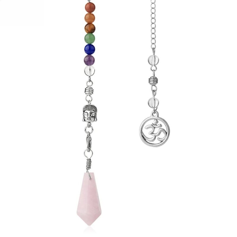 Rose quartz pendulum with chakra beads, Buddha head charm, and om symbol. Spiritual or healing item.