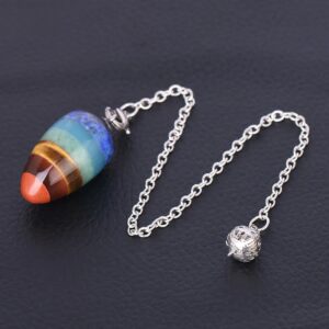 Multi-colored chakra pendulum with metal chain and ball. Spiritual, healing.