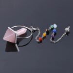 Pink quartz pyramid pendulum with chakra beads.