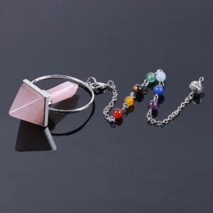 Pink quartz pyramid pendulum with chakra beads.