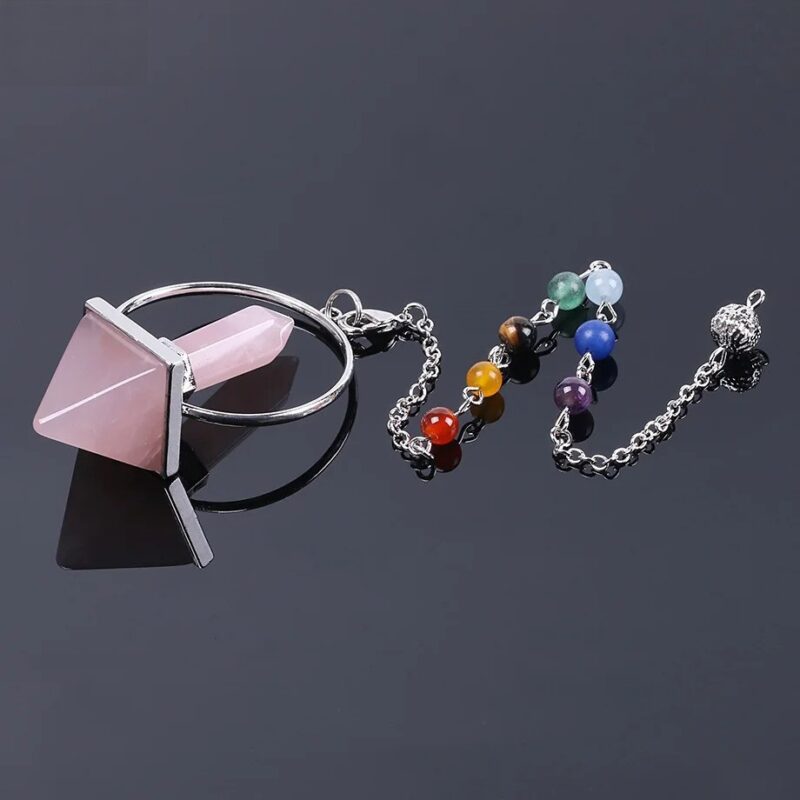 Pink quartz pyramid pendulum with chakra beads.
