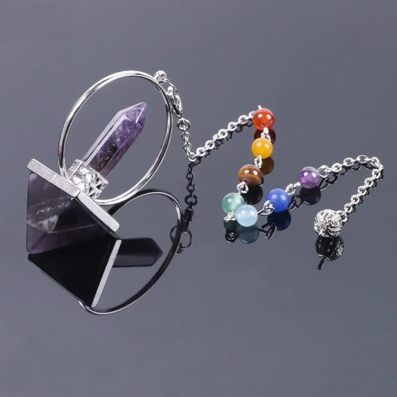 Purple amethyst pyramid pendulum with chakra beads.