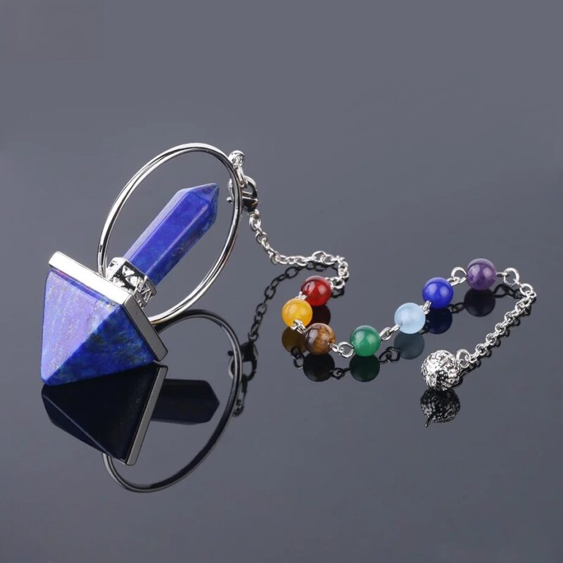 Blue lapis lazuli pyramid pendulum with chakra beads.