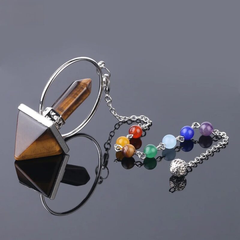 Tiger's eye pyramid pendulum with seven chakra beads.