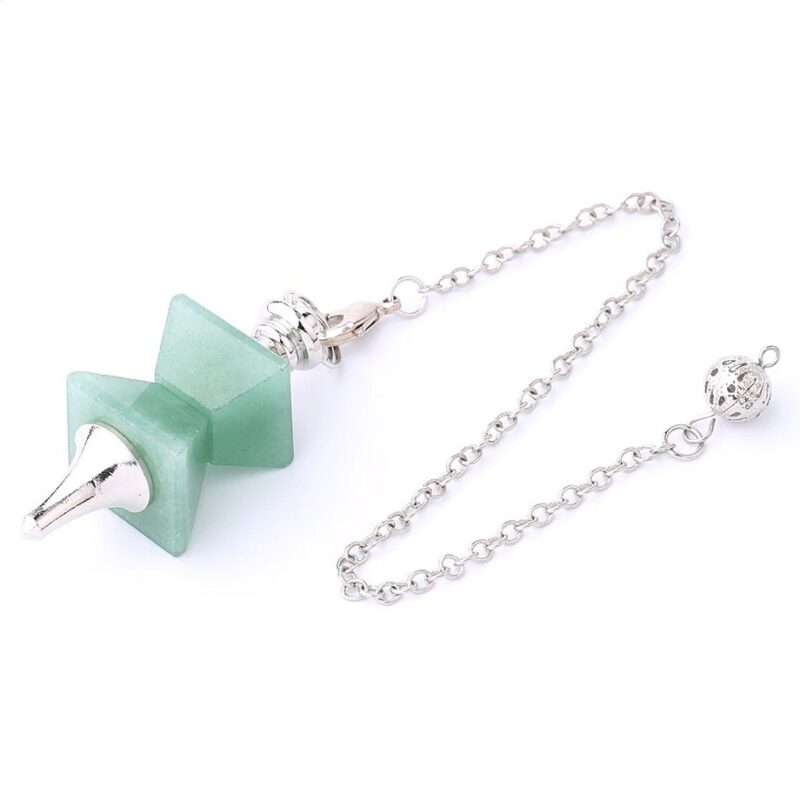 Green crystal pendulum with silver chain.