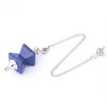 Blue lapis lazuli crystal pendulum with silver chain.