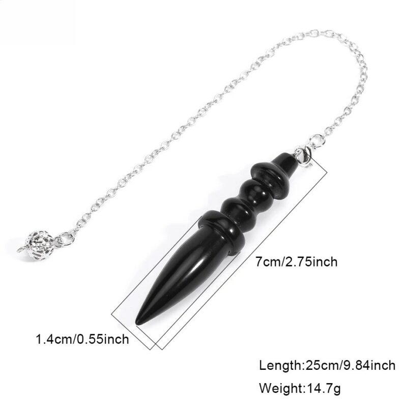Black obsidian pendulum with silver chain, measurements.