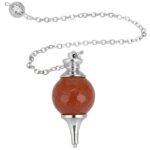 Orange-red crystal pendulum with silver chain.