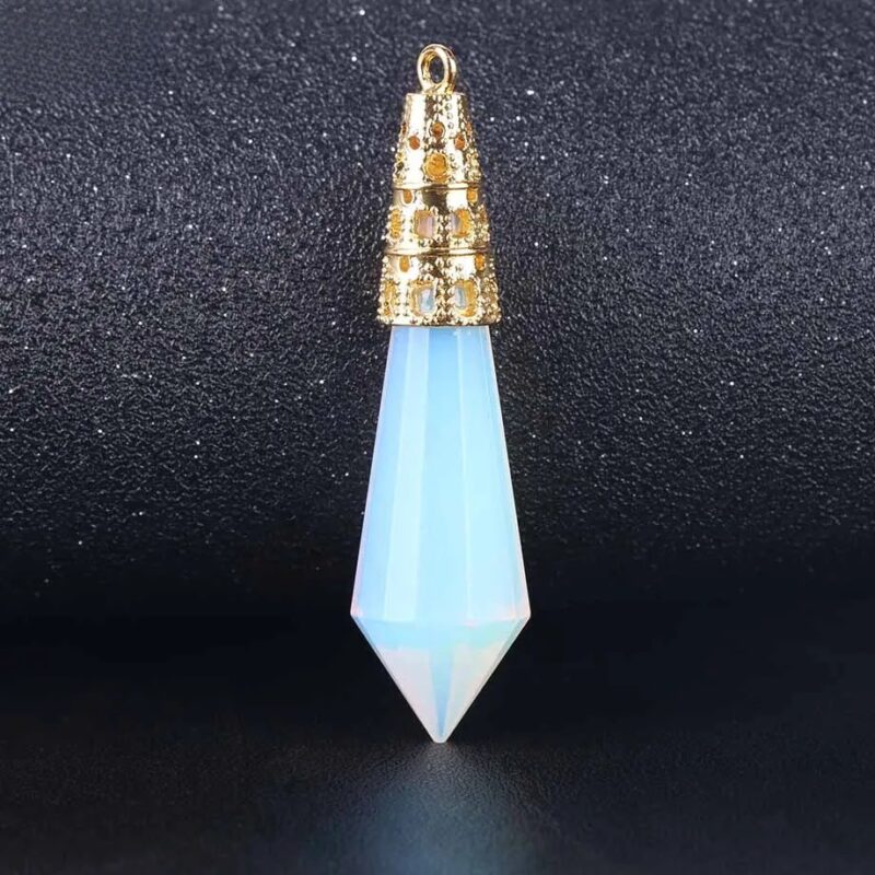 Light blue-white, faceted pendant with gold-tone cap.