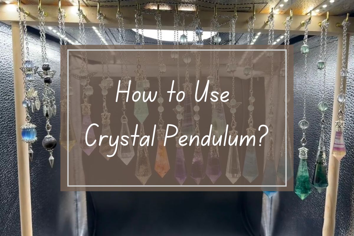 Many colorful crystal pendulums hanging.  Text overlay reads "How to Use Crystal Pendulum?".