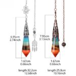 Two multi-colored gemstone pendulums, one with silver, the other with copper-toned hardware.  Dimensions are labeled.