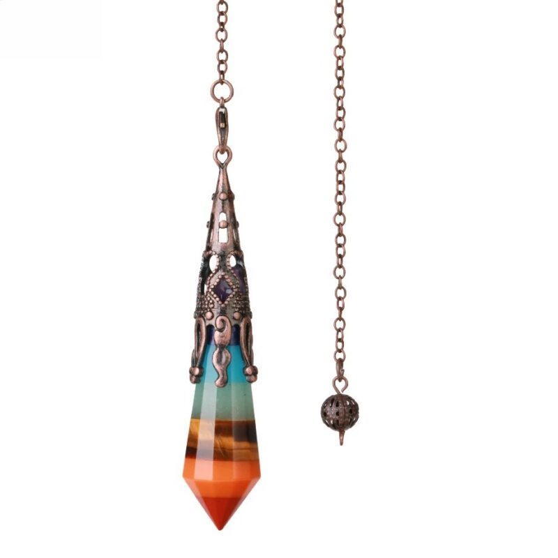 Multicolor gemstone pendulum with copper-toned chain and metal accents.
