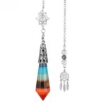 Multi-colored chakra pendulum with metal accents, chain, and dream catcher charm.