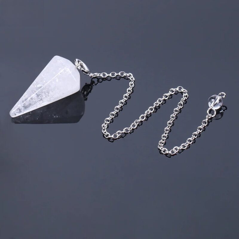 Clear quartz pendulum with silver chain.