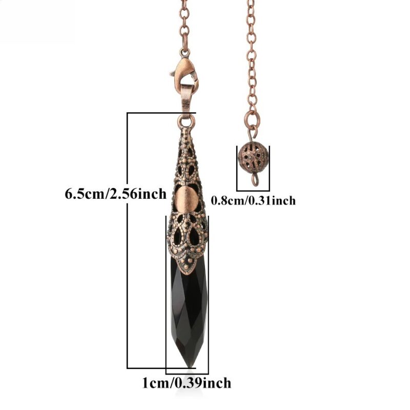 Black crystal pendulum with ornate copper-colored metal details.  Dimensions included.