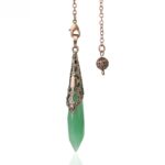 Green gemstone pendulum with ornate bronze-colored metal casing.