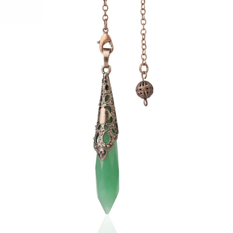 Green gemstone pendulum with ornate bronze-colored metal casing.