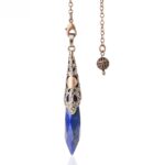 Copper-toned pendulum with a pointed, deep blue lapis lazuli gemstone.
