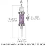 Amethyst crystal pendulum with silver metal accents, glass tube, and chain.  Dimensions included.