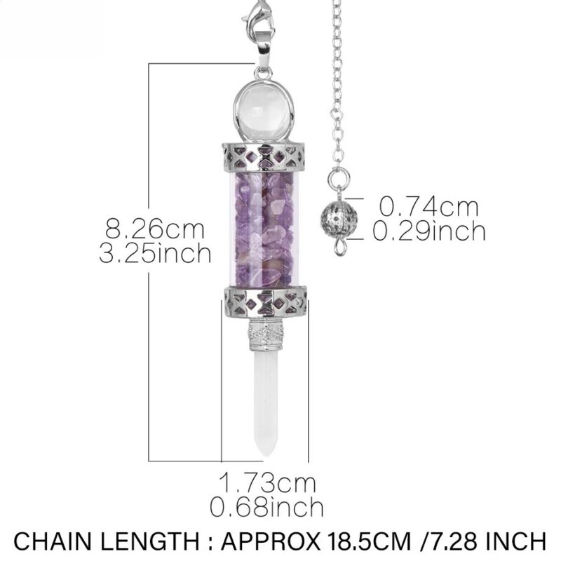 Amethyst crystal pendulum with silver metal accents, glass tube, and chain.  Dimensions included.
