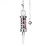 Crystal pendulum with tumbled stones, silver metal casing, and clear glass cylinder.