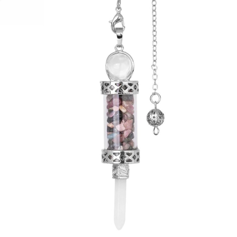 Crystal pendulum with tumbled stones, silver metal casing, and clear glass cylinder.