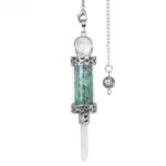 Crystal pendulum with teal stones, clear glass tube, and metal accents.