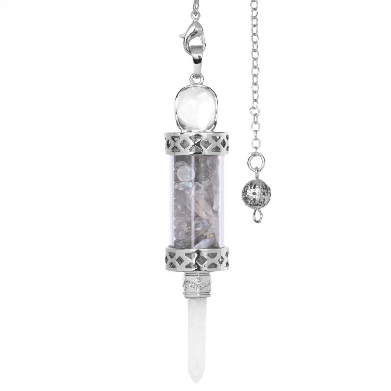 Silver-toned quartz crystal pendulum with small stones inside a glass tube.