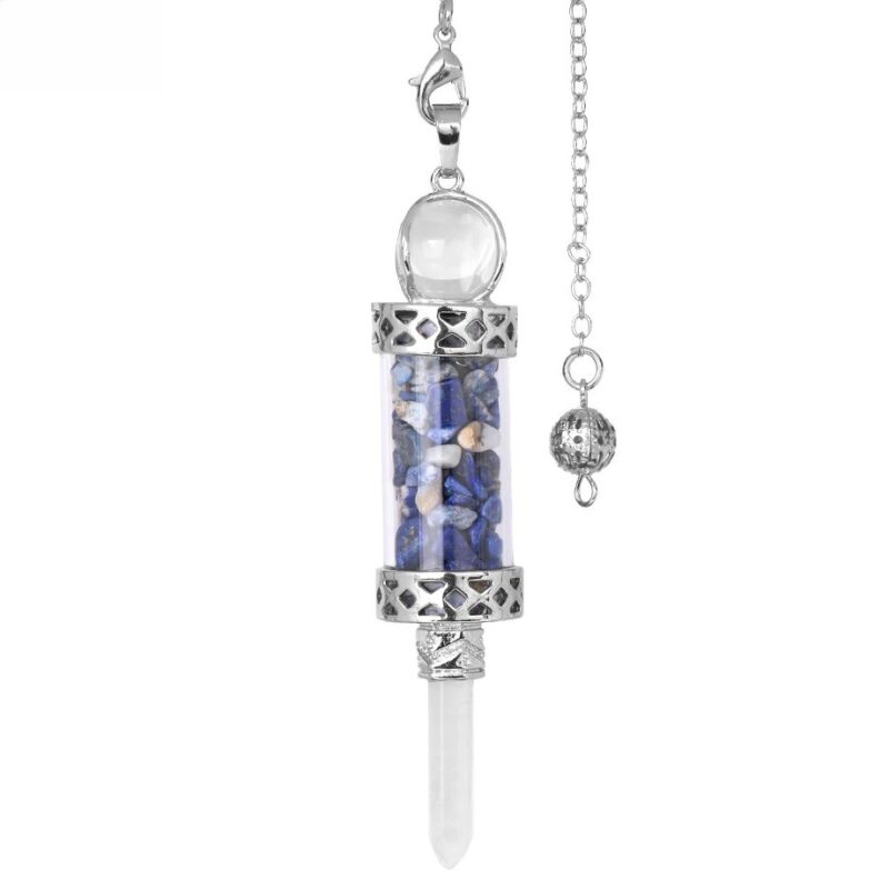 Crystal pendulum with lapis lazuli stones, clear glass tube, and silver accents.