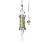 Crystal pendulum with green stones, clear glass tube, and white wand.  Spiritual tool.