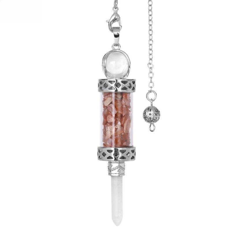 Silver-toned pendulum with a clear glass tube filled with small, reddish-orange stones,  topped with a clear crystal ball, and a small metal ball on the chain.
