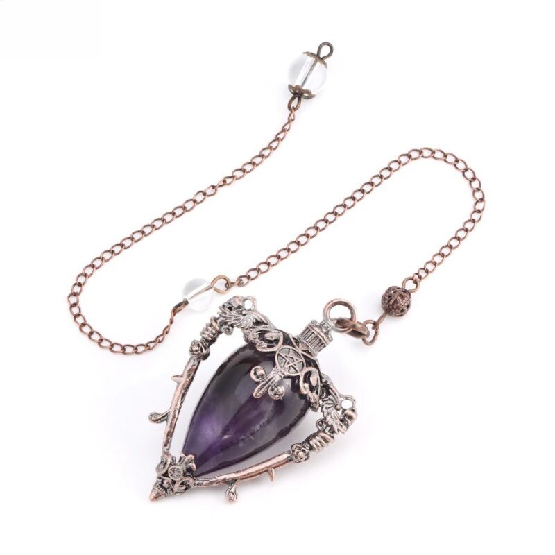 Purple amethyst pendulum, copper-toned metal frame, chain.