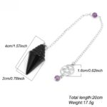Black onyx pendulum with silver chain and amethyst bead.  Measurements shown.