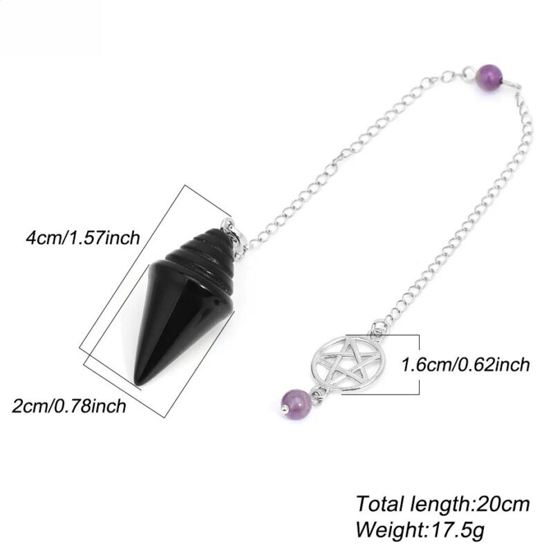 Black onyx pendulum with silver chain and amethyst bead.  Measurements shown.