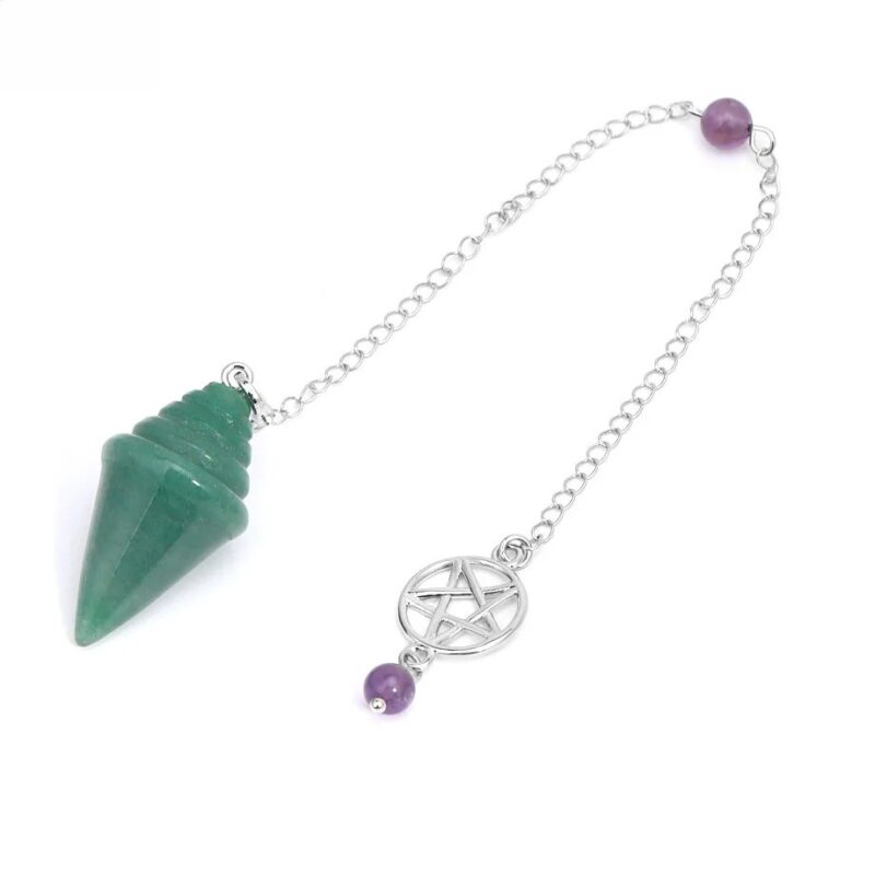 Green aventurine pendulum with silver chain and amethyst beads.  Crystal divination tool.
